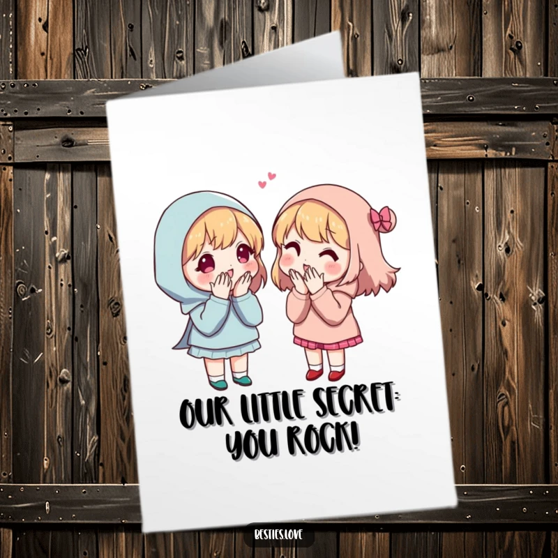 Funny Free Printable Congratulations Card featuring two friends sharing a humorous secret with wide eyes and hushed tones. A downloadable gift.