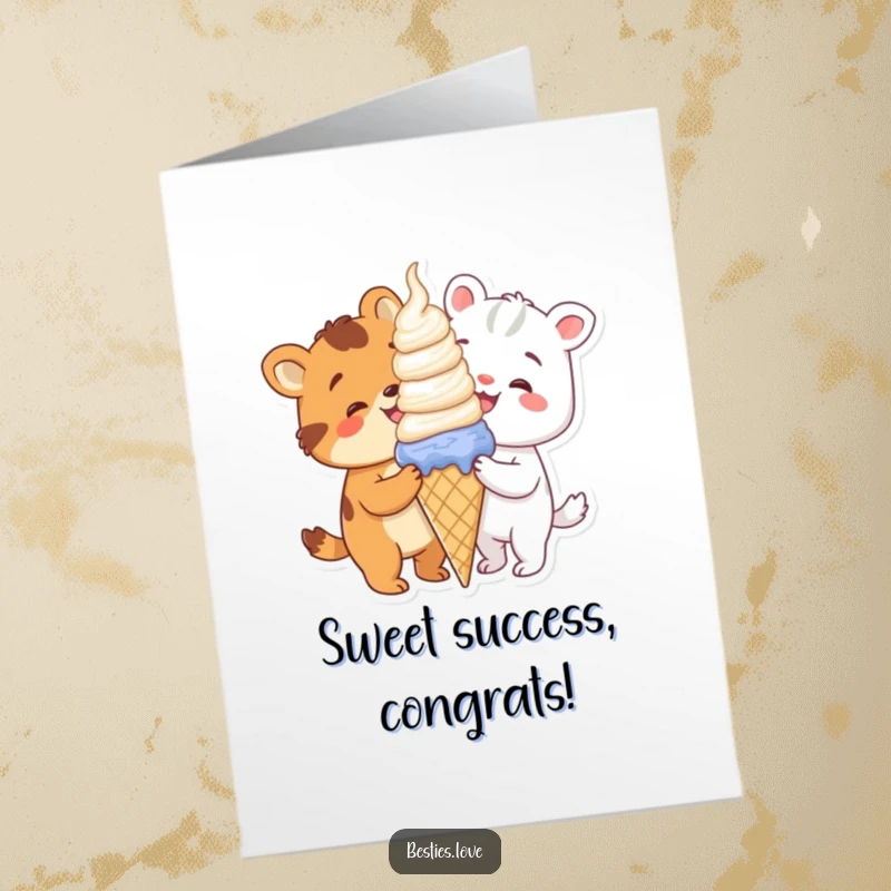 Funny Free Printable Congratulations Card of two animals joyfully sharing a giant ice cream cone, celebrating achievements.