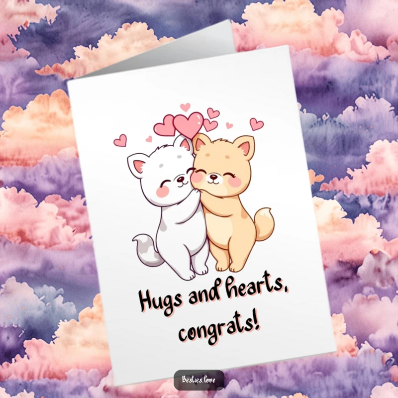 Funny Free Printable Congratulations Card with two kawaii animals sharing a loving hug and floating hearts, celebrating success.