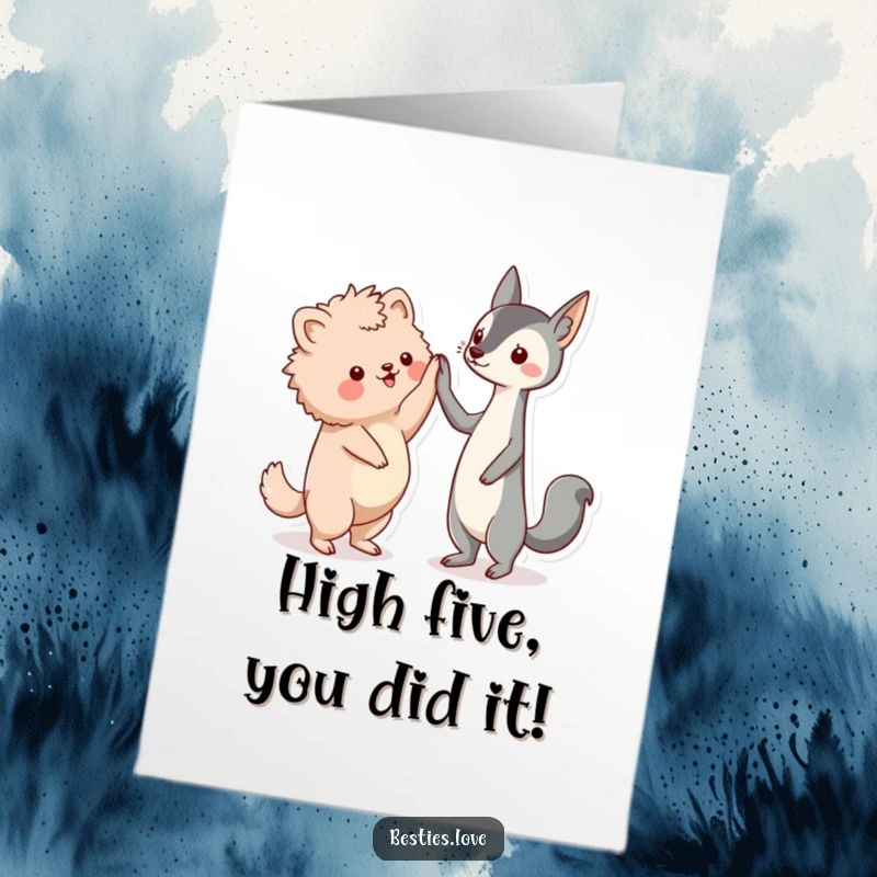 Funny Free Printable Congratulations Card: Kawaii fluffy and sleek animals giving an enthusiastic high-five. Friendship success art.