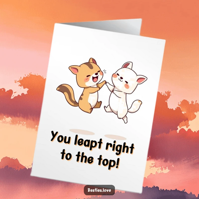 Funny Free Printable Congratulations Card showing two jubilant animals mid-leap, celebrating an achievement with pure delight. A downloadable gift.