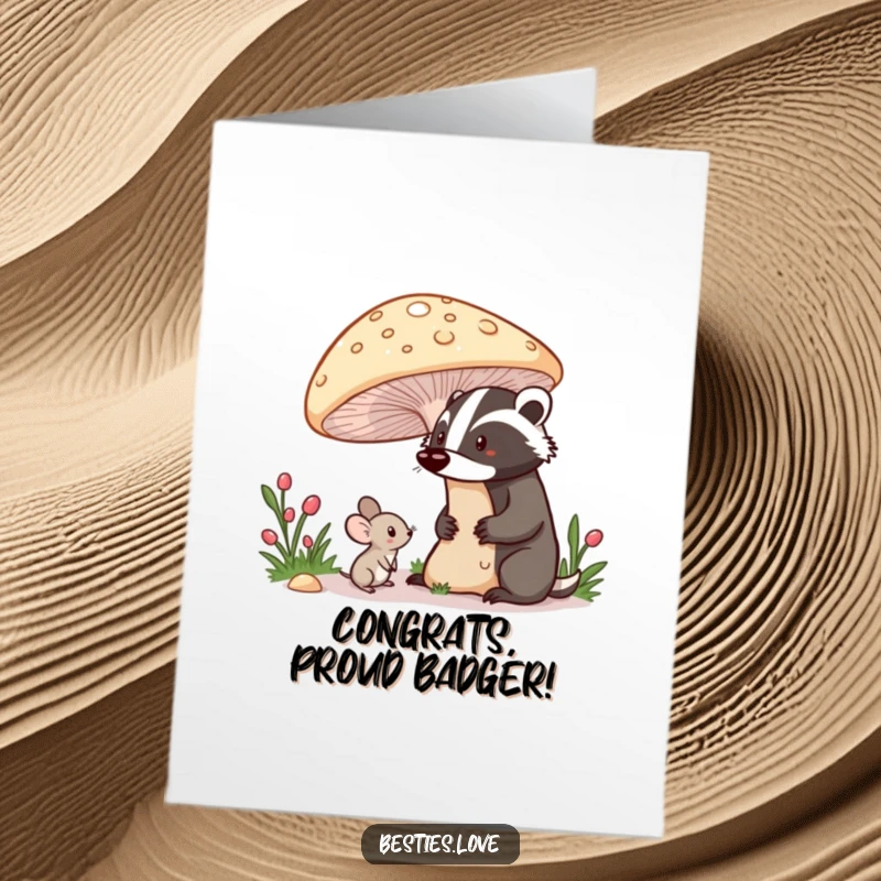 Funny Free Printable Congratulations Card: A shy mouse observing a proud badger from its hiding spot, a sweet moment.