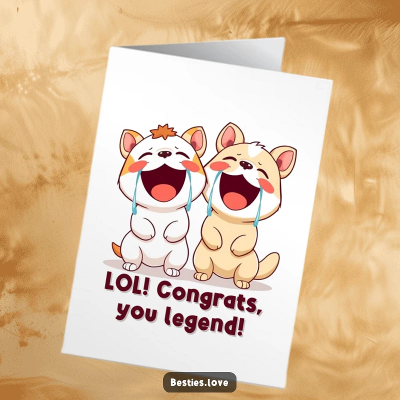 Free Printable Congrats Card showing two animals overcome with laughter, tears streaming, perfect for celebrating any joyous occasion.