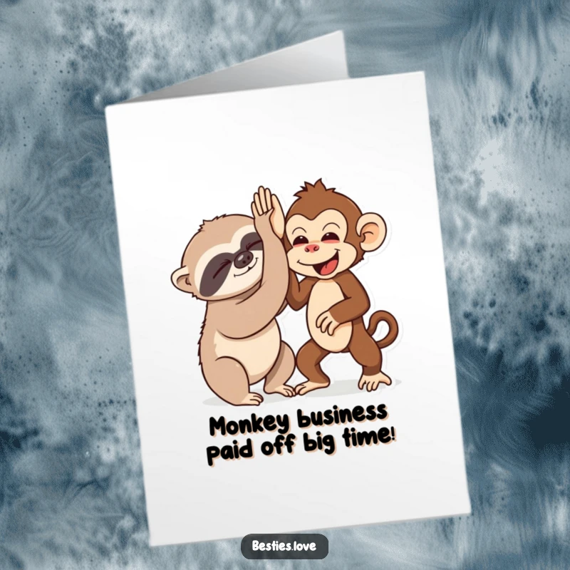 Funny Free Printable Congratulations Card featuring a sleepy sloth and an energetic monkey sharing a high-five.