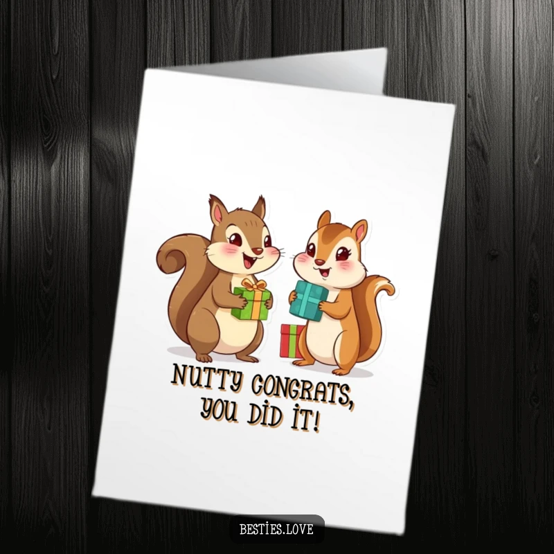 Funny Free Printable Congratulations Card: Squirrel and chipmunk sharing gifts, celebrating success with smiles.