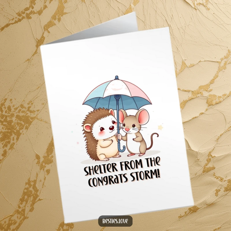 Funny Free Printable Congratulations Card: A shy hedgehog and a brave mouse sharing a very small umbrella.