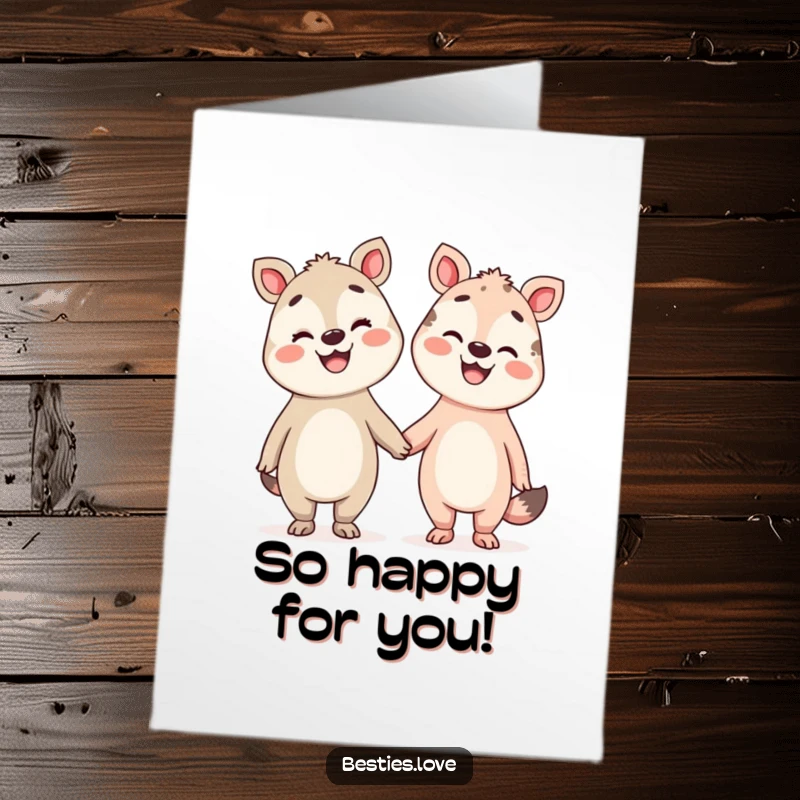 Funny Free Printable Congratulations Card with two silly, smiling animals holding hands, celebrating good news.