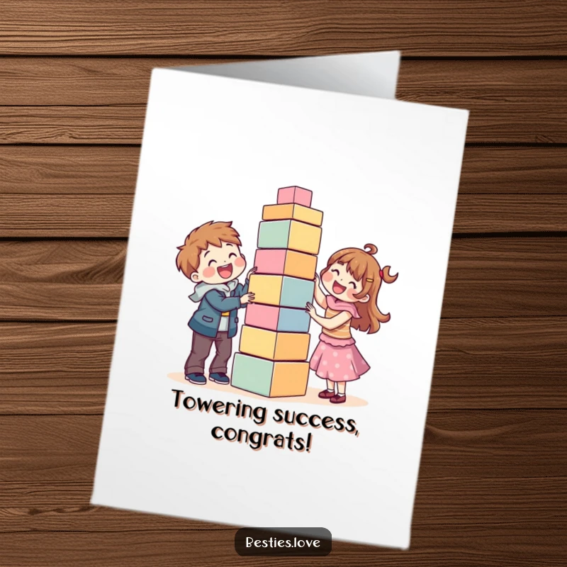 Funny Free Printable Congratulations Card: Best friends laughing as they build a ridiculously tall, precarious block tower.
