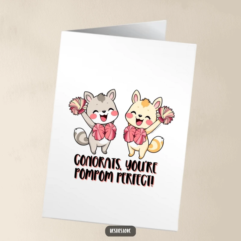 Funny Free Printable Congrats Card: Two animal friends joyfully cheering together with colorful pom-poms and infectious beaming smiles. A picture of pure celebration.