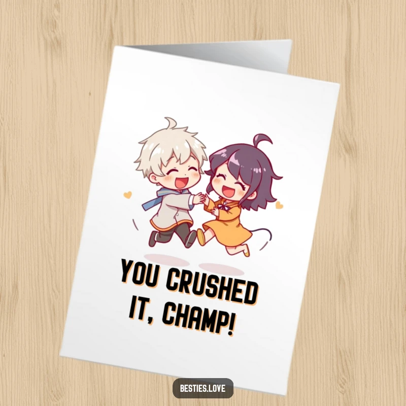 Funny Free Printable Congratulations Card: Two whimsical characters playfully chasing each other in circles, signifying a victory lap.