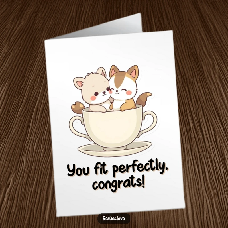 Funny Free Printable Congrats Card: Two bestie animals comically attempting to share a small teacup, showing a unique friendship. Hilarious and sweet.