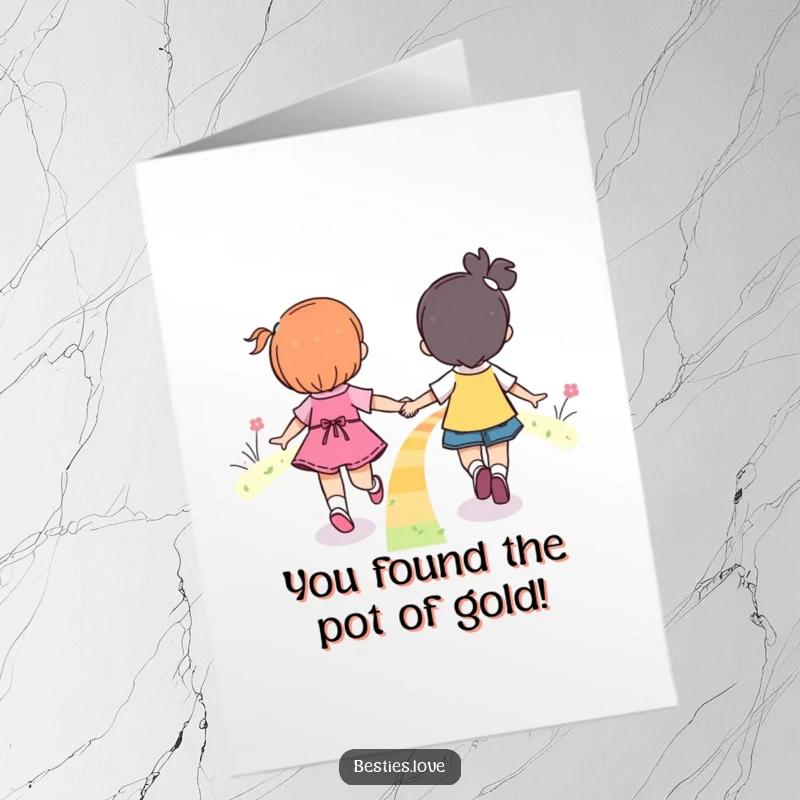 Free Printable Congratulations Card featuring two friends joyfully skipping on a rainbow, symbolizing a bright future. A downloadable gift.