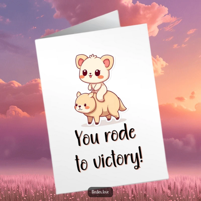 Free Printable Congratulations Card showing a small animal being carried by a larger, steadfast friend, symbolizing support. A downloadable gift.