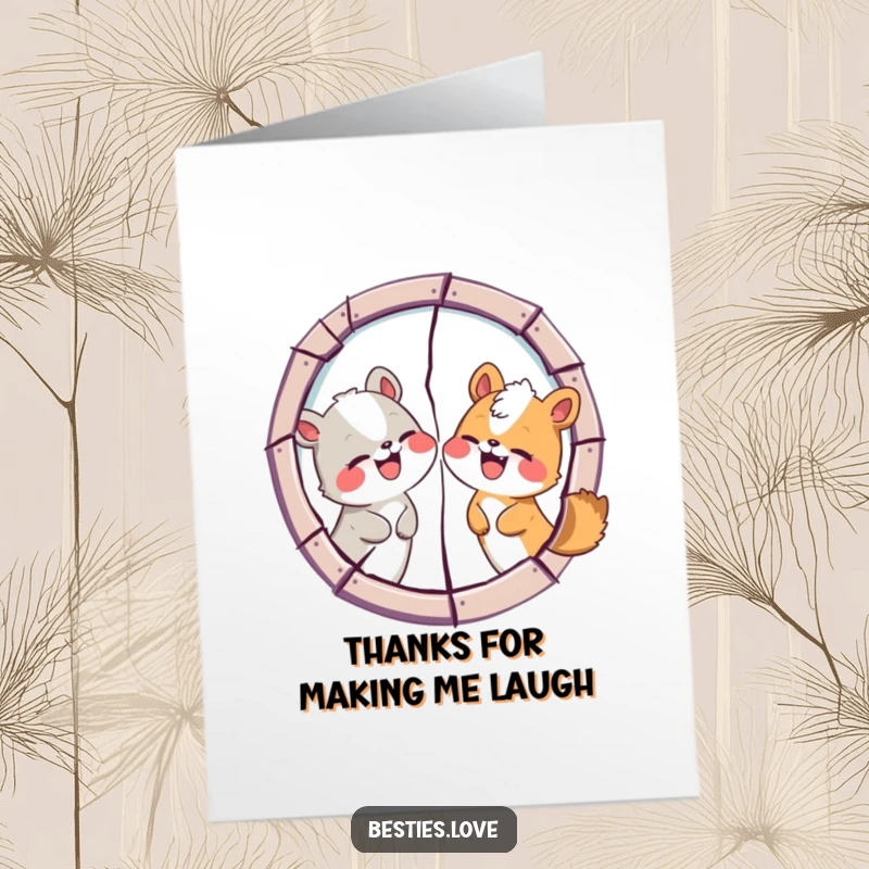 Funny Free Printable Thank You Card: Two animal friends making hilarious, exaggerated silly faces at each other in a cracked mirror, pure joy.