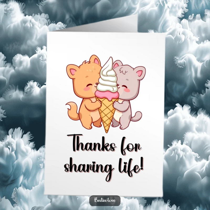 Funny Free Printable Thank You Card: Two cheerful animal friends sharing a huge ice cream cone, expressing thanks.
