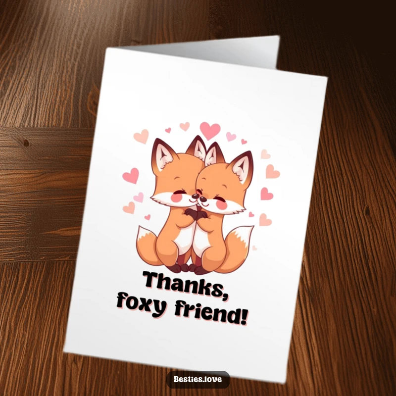 Funny Free Printable Thank You Card: Charming foxes hugging tightly amongst sparkly hearts, a sweet way to say thanks.