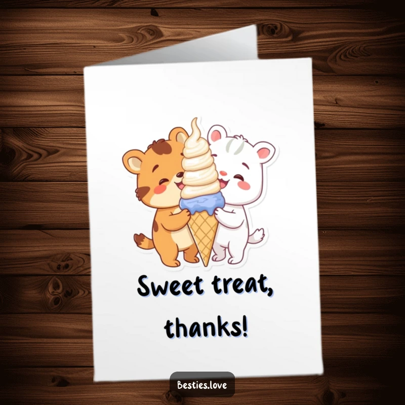 Funny Free Printable Thank You Card with two animals delightedly sharing a huge ice cream cone, expressing thanks.