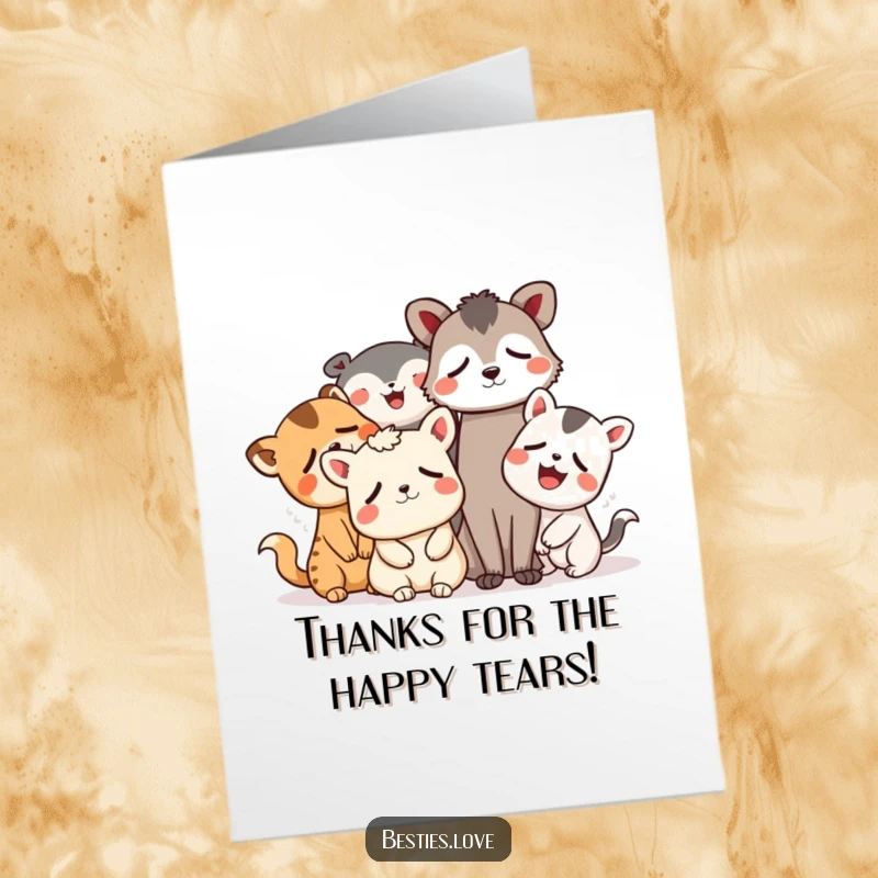 Funny Free Printable Thank You Card: A group of whimsical animal friends laughing hysterically, eyes streaming with tears.