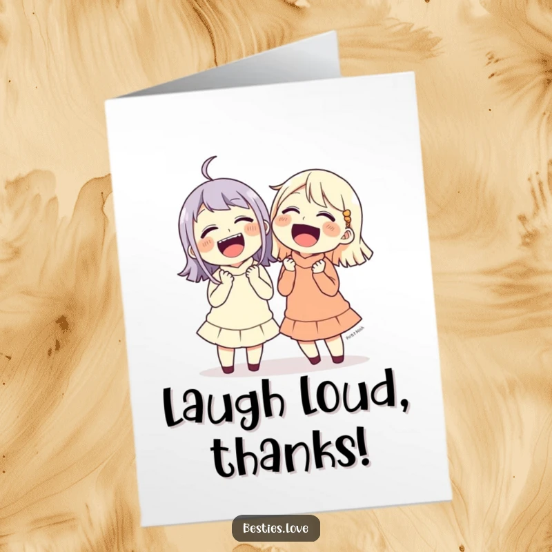 Funny Free Printable Thank You Card showing two friends laughing uncontrollably, holding their sides, expressing thanks.