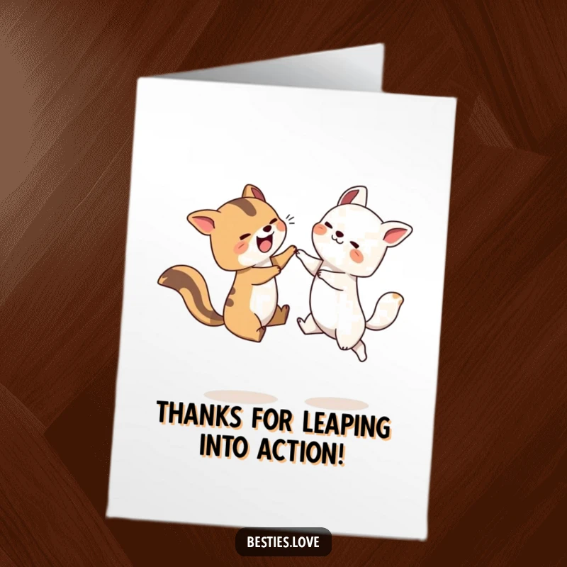 Funny Free Printable Thank You Card with two excited animals leaping, conveying gratitude with playful energy. A downloadable gift.