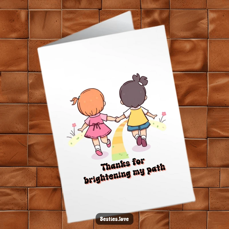 Free Printable Thank You Card with two friends walking on a rainbow, symbolizing a beautiful journey of gratitude. A downloadable gift.
