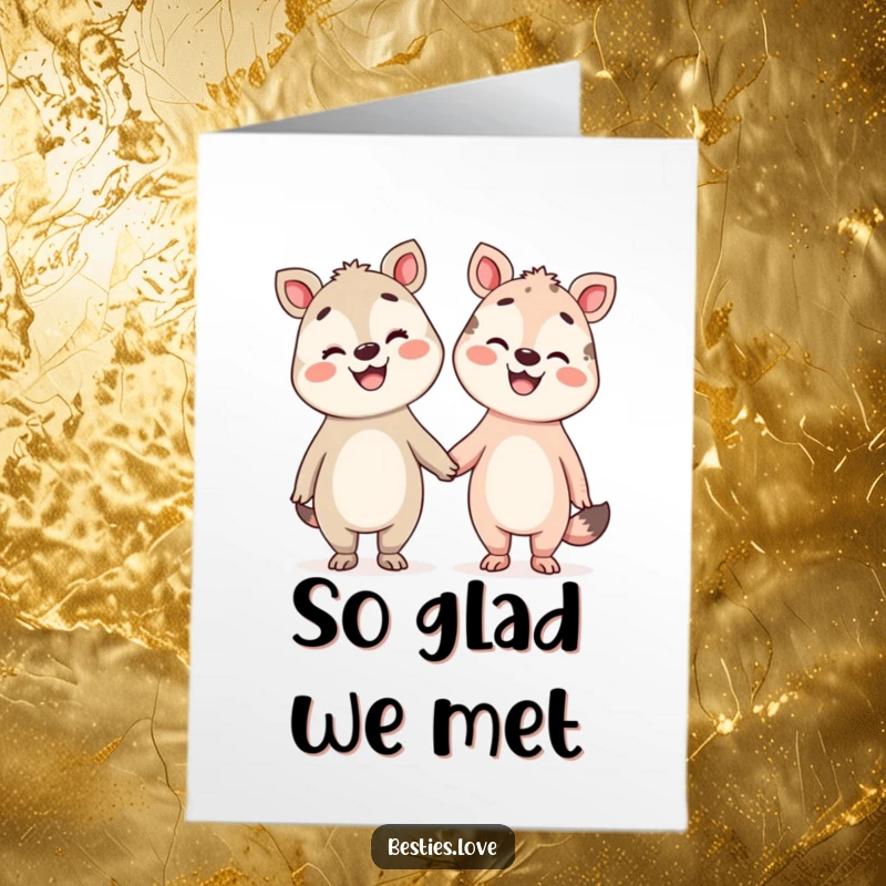 Funny Free Printable Thank You Card featuring two silly animals holding hands and beaming with broad smiles, expressing gratitude.