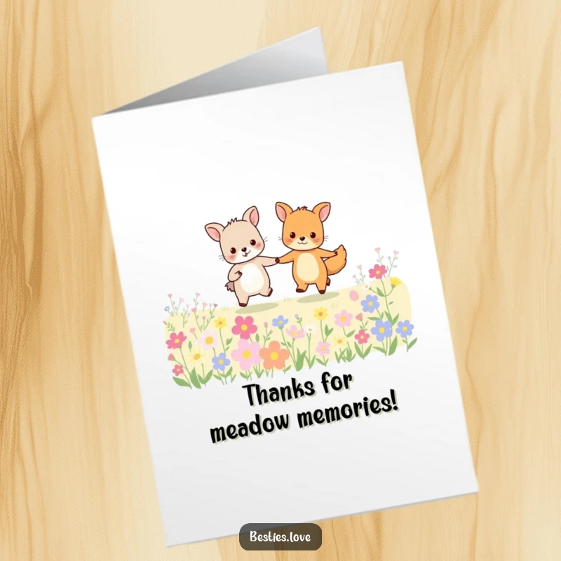Funny free printable thank you card: Two happy animal friends holding hands and skipping through a colorful flower field, expressing thanks with joyful, humorous friendship.