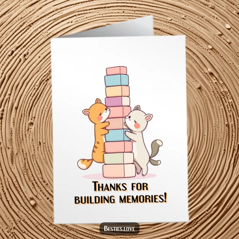 Funny Free Printable Thank You Card: Two bestie animals building a very tall tower of blocks together. Collaborative appreciation art.
