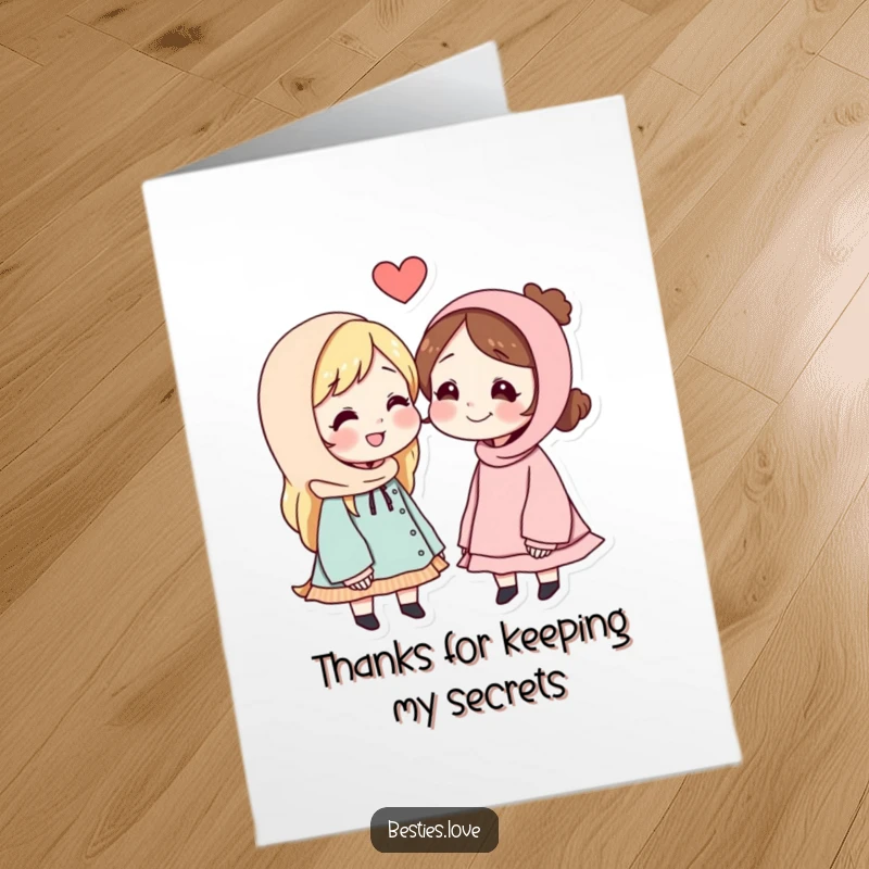 Funny Free Printable Thank You Card: Best friends sharing a hilarious, whispered secret with mischievous smiles.