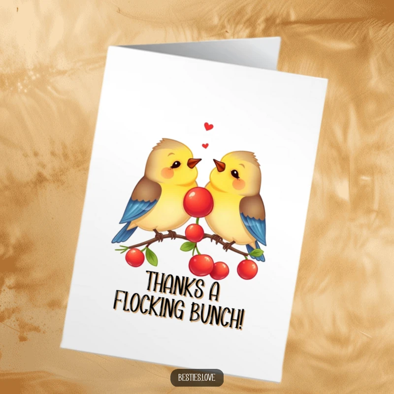 Funny free printable thank you card: Two delightful best friend birds sharing a single bright red berry, conveying thanks with cheerful, humorous bonding.
