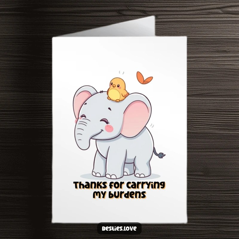 Funny Free Printable Thank You Card featuring a kind elephant giving a tiny bird a lift on its back.