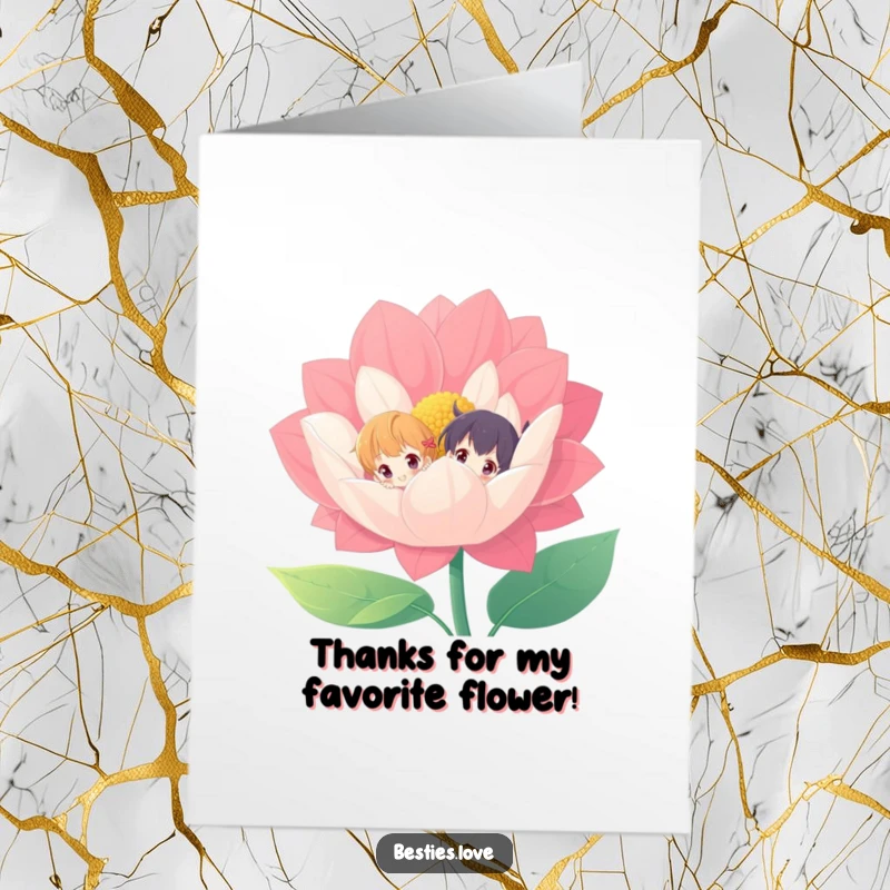 Funny Free Printable Thank You Card: Two characters hiding behind a large, colorful flower, playfully saying thanks.