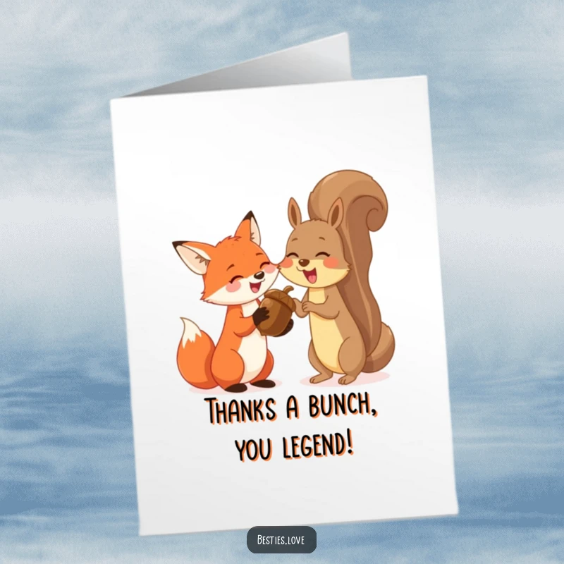 Funny Free Printable Thank You Card showing a fox and squirrel sharing a giant acorn and giggling.