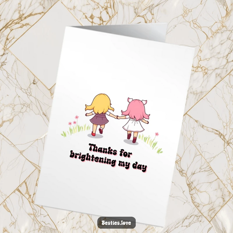 Funny Free Printable Thank You Card: Best friends skipping hand-in-hand along a cheerful, vibrant rainbow path.