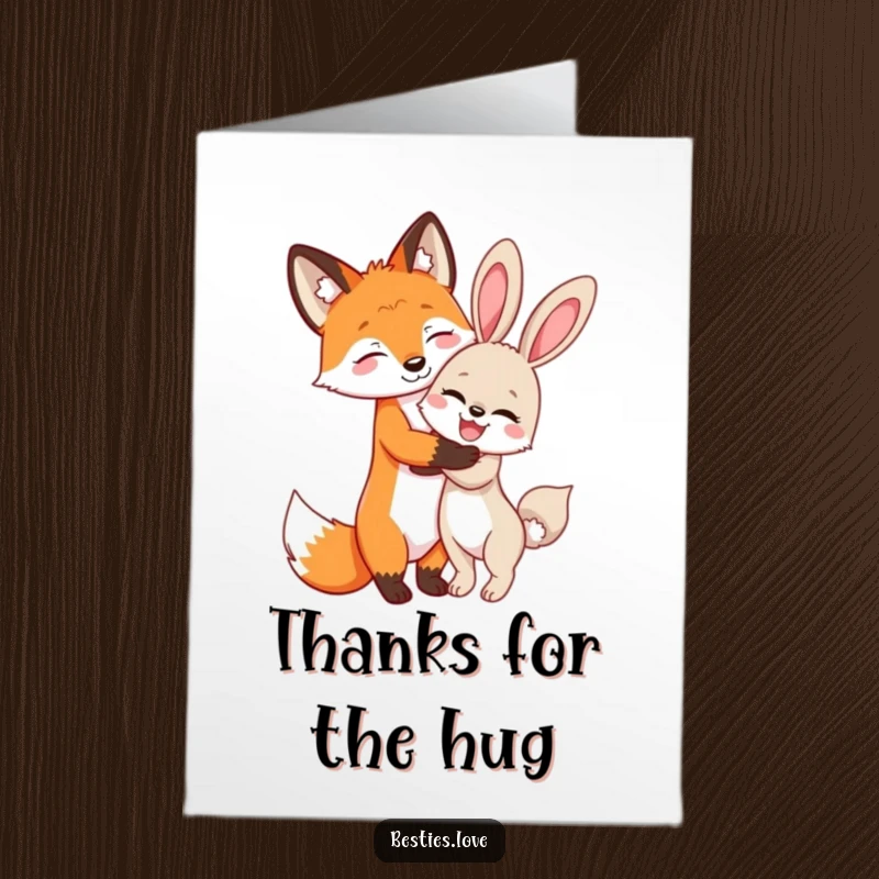Funny Free Printable Thank You Card of a fox and bunny hugging, a downloadable gift of friendship and thanks.