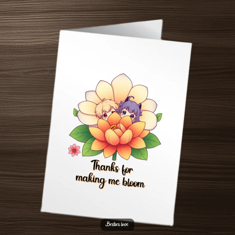 Funny Free Printable Thank You Card: Two playful characters peeking from behind a gigantic, vivid flower.