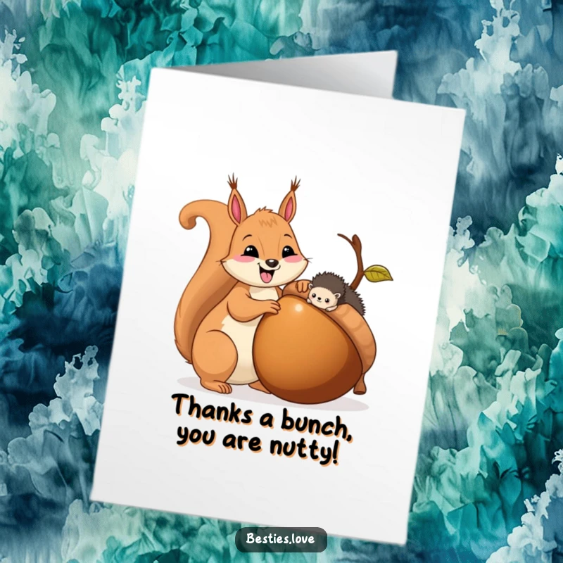 Funny Free Printable Thank You Card with a squirrel sharing a large acorn with a tiny hedgehog.