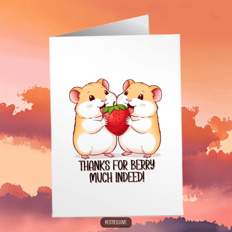 Funny free printable thank you card: Two delighted hamsters gleefully sharing a massive strawberry, expressing gratitude with adorable, humorous friendship.
