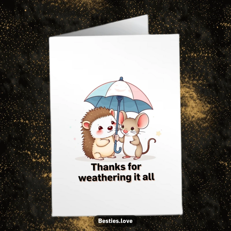 Funny Free Printable Thank You Card: Includes a shy hedgehog and brave mouse sharing a tiny umbrella.