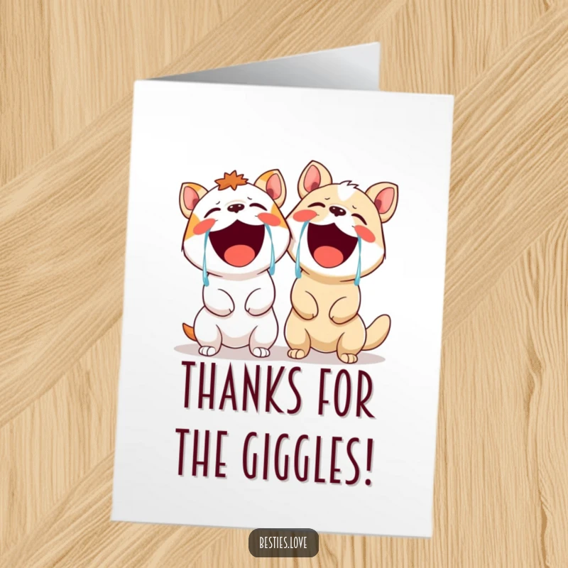Free Printable Thank You Card with animals in fits of laughter, tears streaming, conveying thanks in the most amusing way.