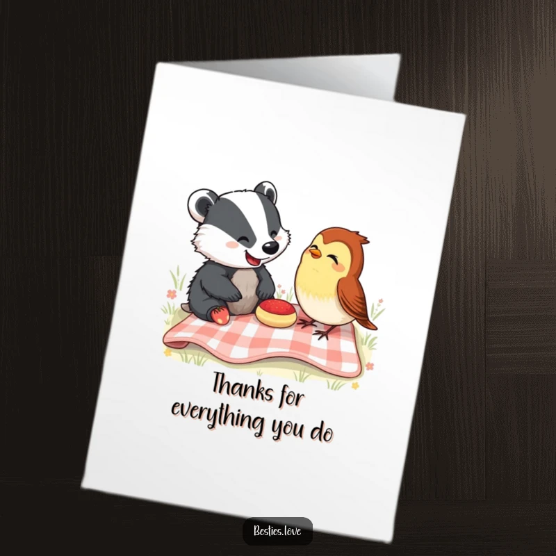 Funny Free Printable Thank You Card with a badger and robin enjoying a picnic and laughing.