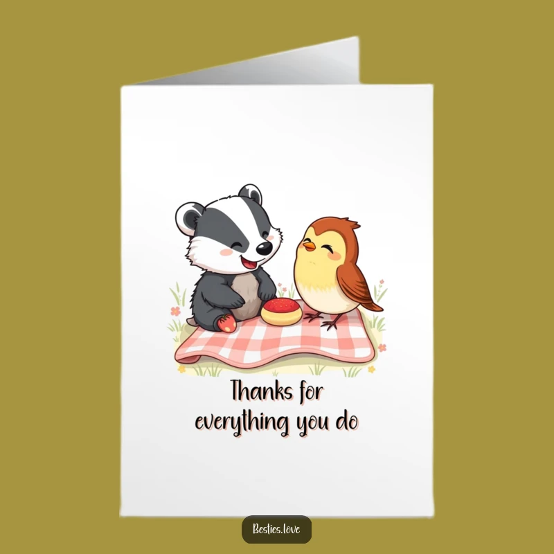 Free Printable Thank You Card: Laughing Badger & Robin Picnic Funny Downloadable Gift
