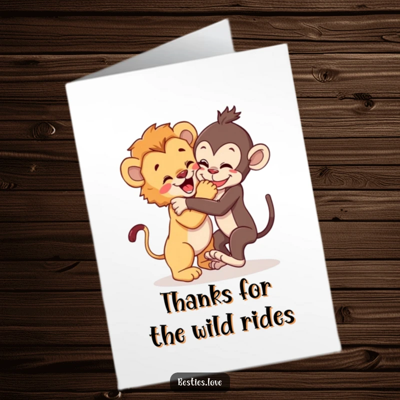 Funny Free Printable Thank You Card of a lion cub and monkey wrestling with pure joy and friendship.