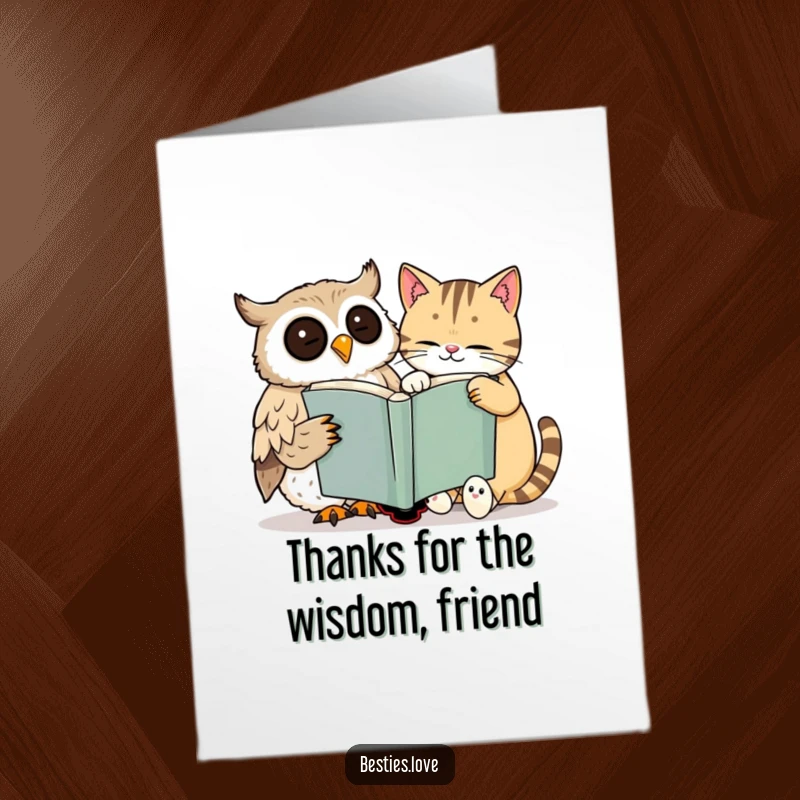 Funny Free Printable Thank You Card featuring a cheerful owl and sleepy cat smiling over a big book.