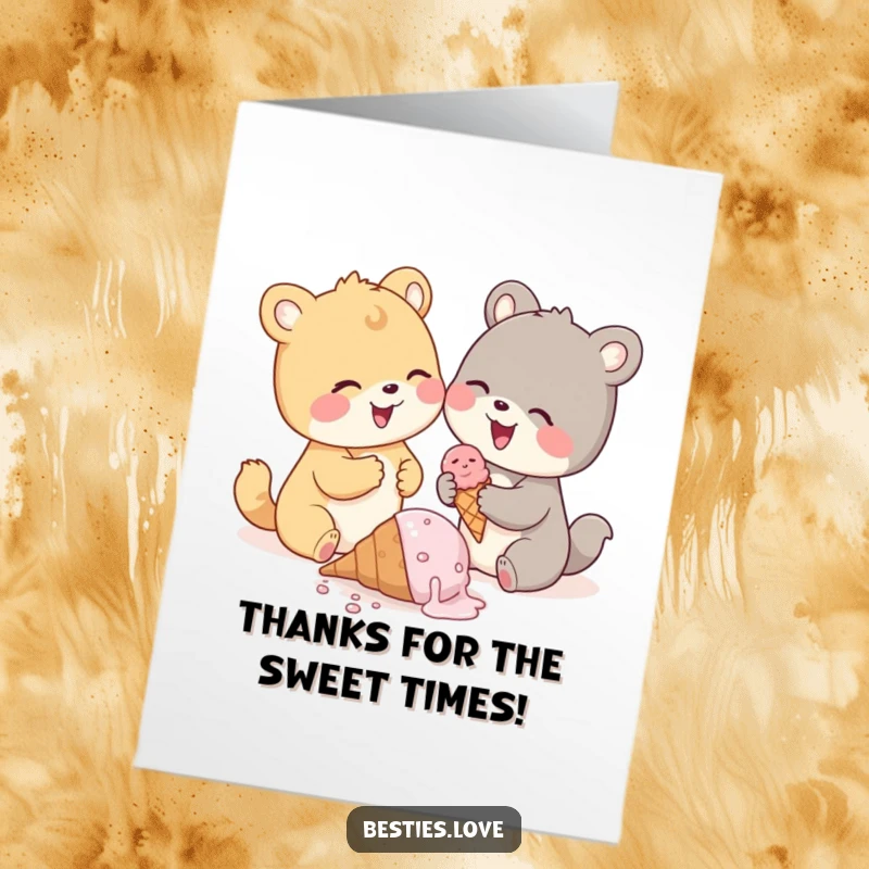 Funny Free Printable Thank You Card: Two cute animal pals giggling over a dropped ice cream cone. Sweet appreciation art.