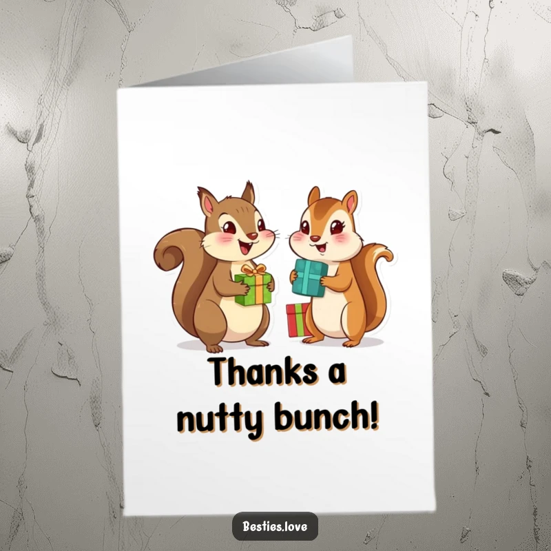 Funny Free Printable Thank You Card: Squirrel and chipmunk exchanging gifts, showing heartfelt thanks.