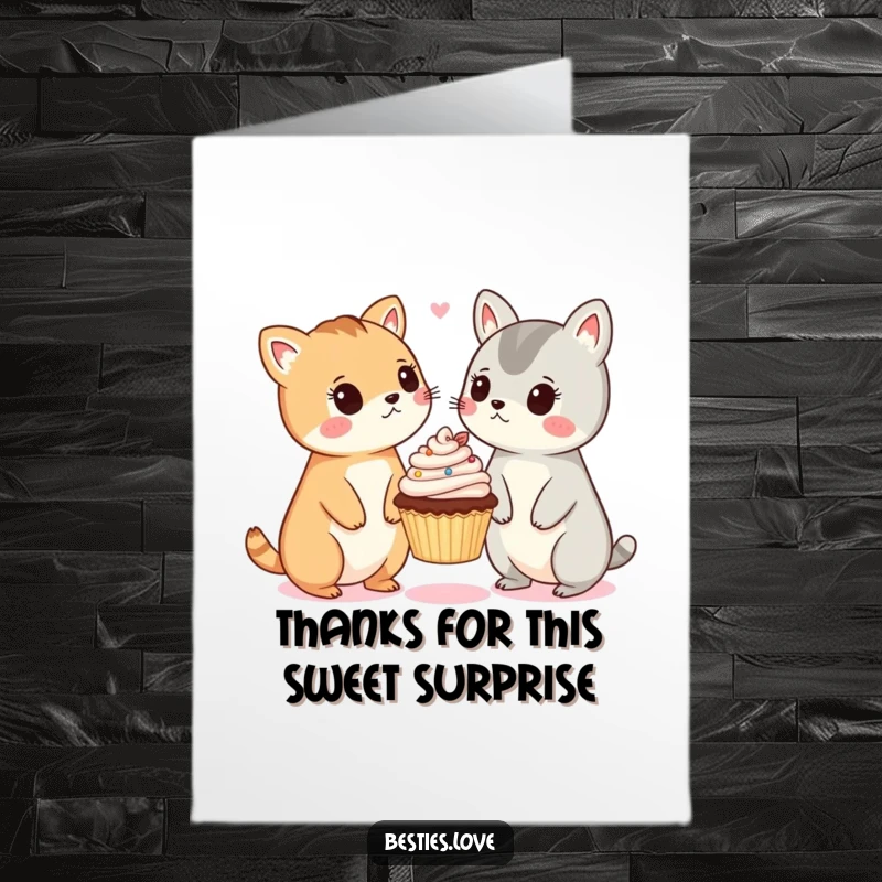 Funny Free Printable Thank You Card featuring two animals with surprised expressions looking at a tiny floating cupcake.