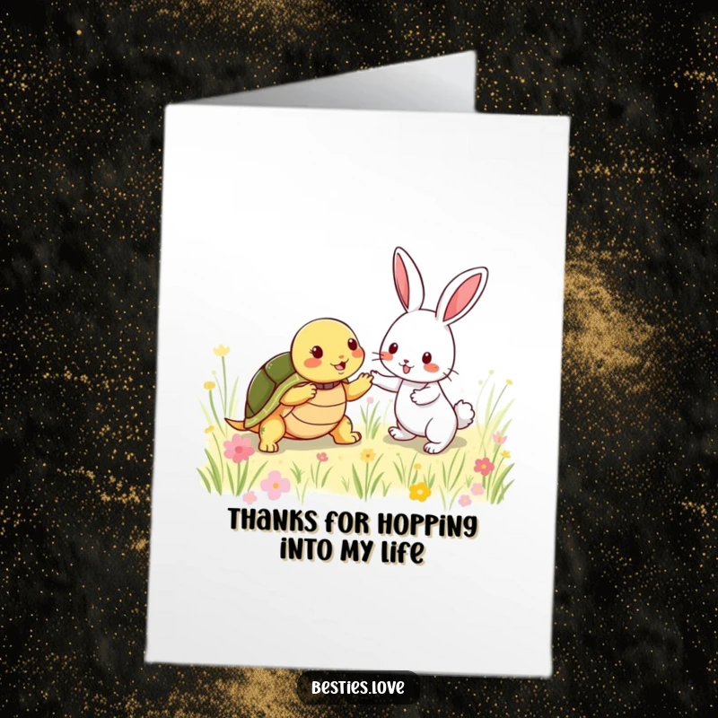 Funny Free Printable Thank You Card illustrating a turtle and rabbit playing tag in a sunny meadow setting.