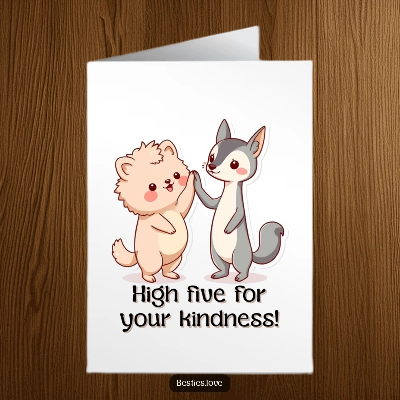 Funny Free Printable Thank You Card: Two kawaii animals, fluffy and sleek, high-fiving with excitement. Bestie gratitude art.