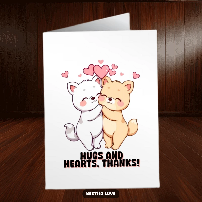 Funny Free Printable Thank You Card showing two kawaii animals in a tight hug with hearts, expressing sincere gratitude.